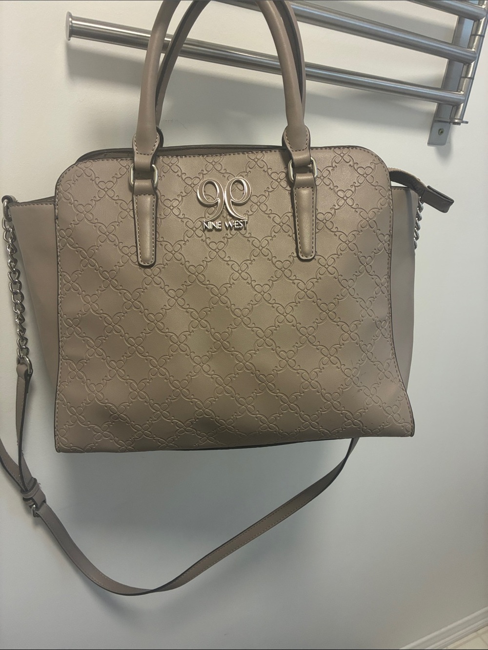 Nine West Taupe Embossed Satchel with Chain Strap